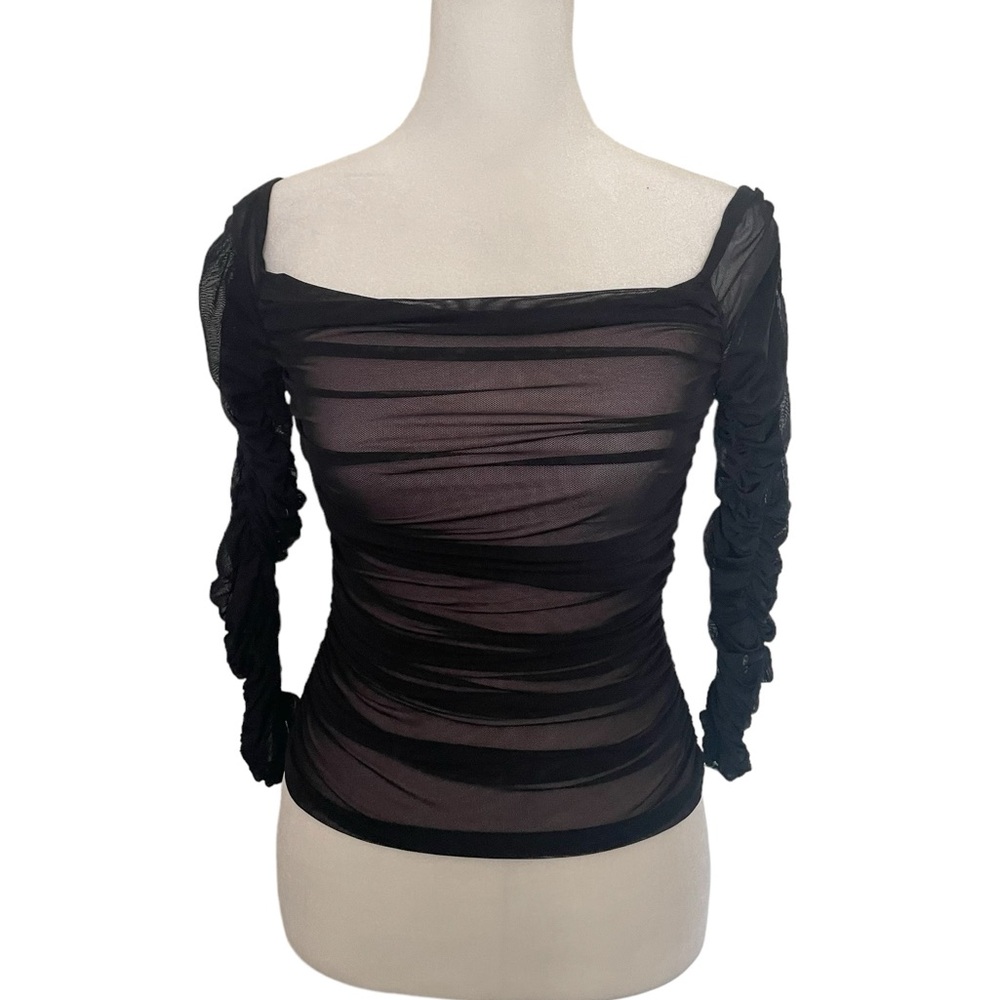 Free People Black Sheer Ruched Long Sleeve Top